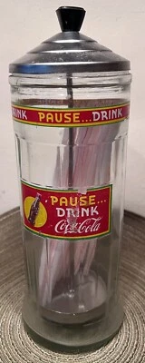 VINTAGE ICE CREAM SODA FOUNTAIN STRAW HOLDER METAL BASE+LID W/ Coca Cola 1998 - Image 1 of 4