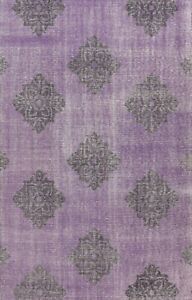 Vintage Style Geometric Purple Oushak Oriental Area Rug Handmade Wool Carpet 6x9