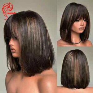 Short Bob Highlight Human Hair Wig With Bangs Brazilian Remy Full Machine Made - Picture 1 of 11