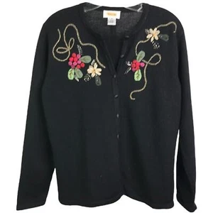 Talbots Cardigan Sweater Womens Sz M Black Wool Embroidered Floral Button Front - Picture 1 of 8