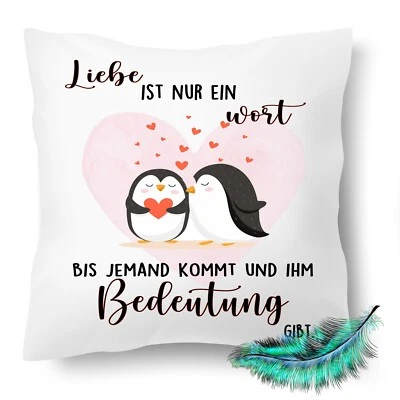 Valentinstag Kissen bedruckt, Liebe, Herz, Pinguine, Love, Dekokisse mit Füllung - Bild 1 von 4