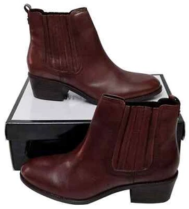 NINE WEST Create Ladies Lovely Wine Leather Slip On Wedged Heel Boots - Picture 1 of 8