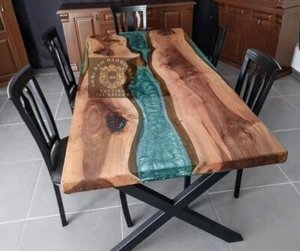 Green Epoxy River Dining Table Live Edge Wood Coffee Table Epoxy Resin Furniture - Picture 1 of 7