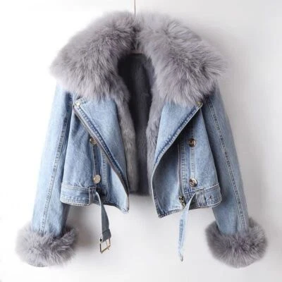 2024 Women's Winter Denim Jackets Faux Fur Liner Warm Thicken Parka Shorts Coats - Image 1 of 4