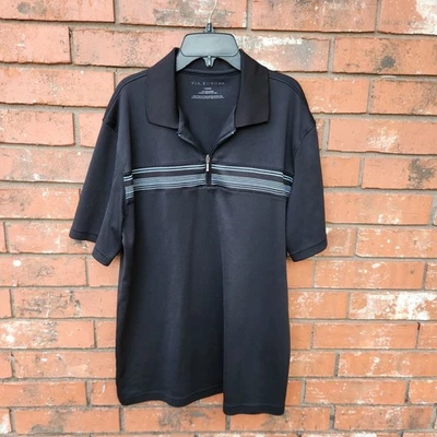 Via Europa Me Black Short Sleeve Polo Shirt W/ Striped Accents Zip Collar LG - Image 1 of 2