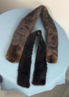 Juego de 2 bufandas vintage de piel real con sensación de visón marrón y marrón oscuro Foto 1 de 4