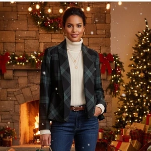 Diane von Furstenberg Plaid Wool Peplum Blazer Jacket Women's Size 2 Green - Picture 1 of 10