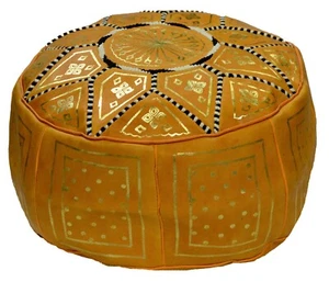 Pouf Moroccan Hassock Leather Round Ottoman Foot-stool Pouffe MED Orange - Picture 1 of 3