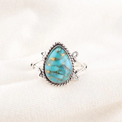 Blue Copper Turquoise Gemstone 925 Sterling Silver Ring Handmade Jewelry - Image 1 of 3