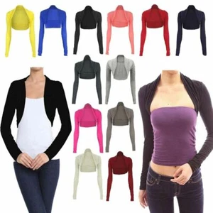 Womens Long Sleeve Plain Shrug Bolero Croped Ladies Cardigan Front Open Crop Top - Picture 1 of 23