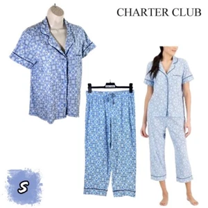 NWT - Charter Club S Printed Notch Collar Cropped Pajama Set 100144171MS $55 - Picture 1 of 11