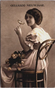 Cartolina d'epoca vittoriana signora buon anno champagne B235 - Foto 1 di 2