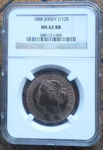 JERSEY COIN 1/12 SHILLING 1888 NGC MS 62 RB  - Picture 1 of 2