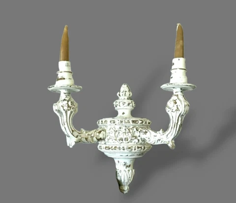 Antique Oak Wall Sconce Southern Manor Carved Wood Shabby White Finish 1800s Cover