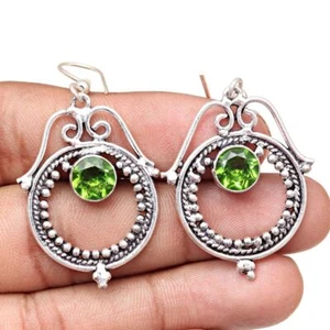 Peridot Quartz Gemstone Handmade Silver Jewelry Earrings 1.5'' - Picture 1 of 7