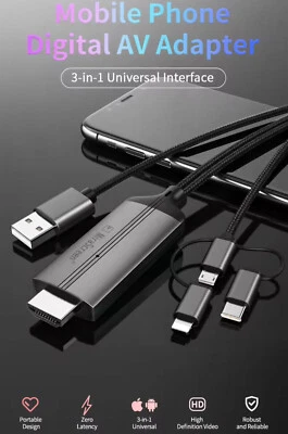 Cavo Adattatore 3-in-1 HDMI HDTV Universale per Iphone IOS Samsung tablet TV - Immagine 1 di 4