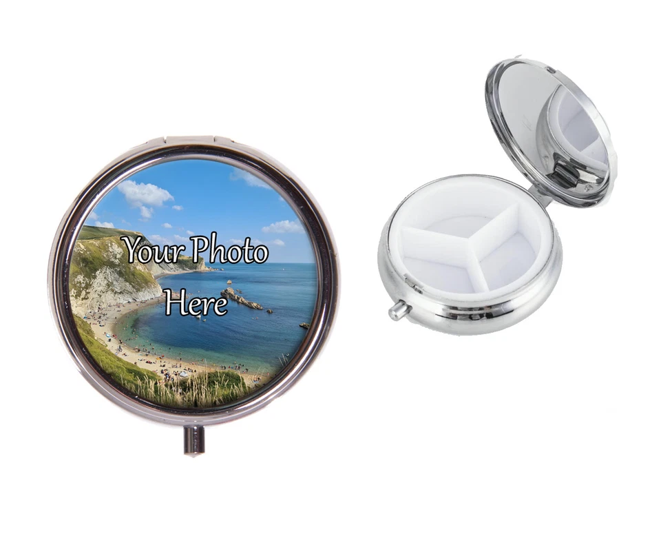 Personalised Photo Metal Round Travel Pill Box Custom Vacation Birthday Gift X82 - Image 1 of 1