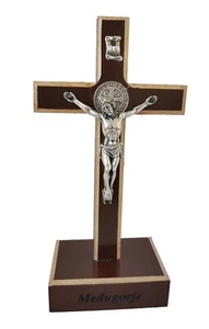 MEDJUGORJE St. Benedict standing Wood Handmade Cross Table Desk Crucifix 6,1 inc - Picture 1 of 6