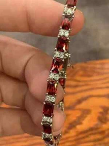 Emerald Lab Created Garnet Diamond Woman's Tennis Bracelet 14K White Gold Plated - Picture 1 of 10