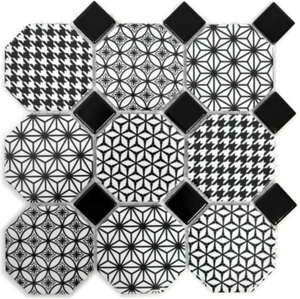 Piastrella mosaico ceramica Octagon cucina bianco nero lucido Octa-0301 |1foglio - Imagen 1 de 5