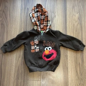 Vintage Kids Sesame Street Elmo Jacket Size 2T Brown Plaid Patch Embroidered - Picture 1 of 8