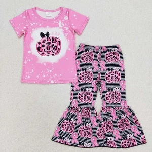 Toddler Girls Bleach Short Sleeve Pumpkin Top With Bell Bottom Pants Outfit - Picture 1 of 4