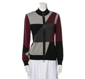 ST JOHN Cardigan donna medio full zip lana colorblock maglione marrone A5 - Foto 1 di 12