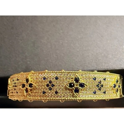 Gold Bangle Bracelet Blue Crystal Flowers Statement Jewelry Women's - Image 1 of 4