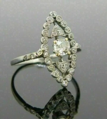 Vintage Style Navette Shaped Ring 1.8 Ct Simulated Diamond 14K White Gold Plated - Image 1 of 4