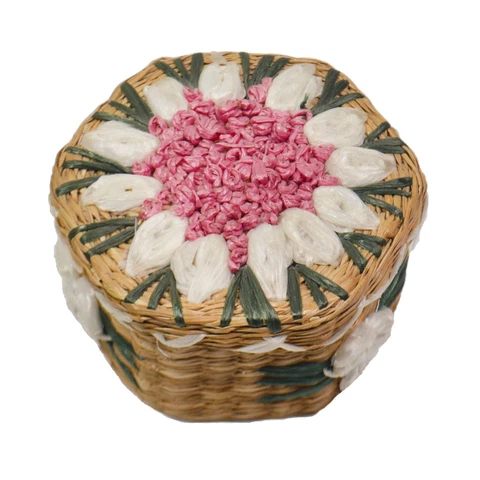 VTG Woven Natural Straw Basket Lid Embroidered Pink White Raffia Flowers Hexagon Cover