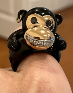 De Grisogono 18k Yellow gold Diamond & Enamel Monkey Ring 0.37tcw - Picture 1 of 11