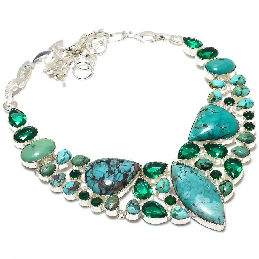 Collar de plata de ley 925 con piedras preciosas vintage de turmalina turquesa tibetana i792 Foto 1 de 4