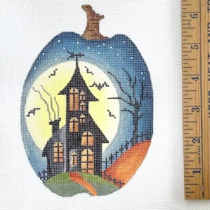 Kelly Clark Handpainted Needlepoint canvas Fall Autumn Moon House Silhouette 6" - Picture 1 of 1