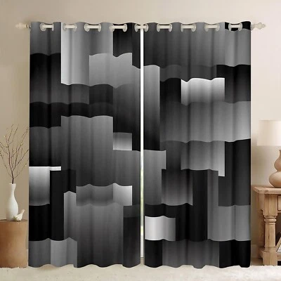 Black Gray Geometric Curtains for Bedroom Kids 3D Rendering Abstract Art Dark... - Image 1 of 4
