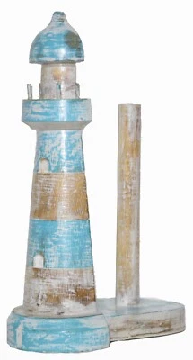 HANDMADE HAND CARVED LIGHTHOUSE WOOD PAPER TOWEL HOLDER ISLAND BEACH TROPICAL NAUTICAL
