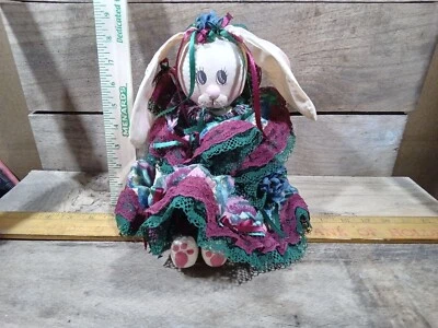 Vintage Green Multicolored Dress Stuffed Plush White Easter Holiday Bunny Decor - Image 1 of 4