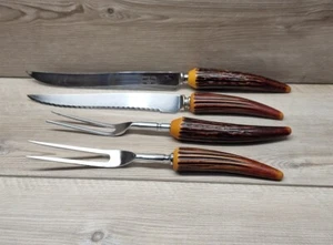 Vtg Crown Reo Crest Carving Sets Knives Sheffield Blades Forks Bakelite Handle - Picture 1 of 10