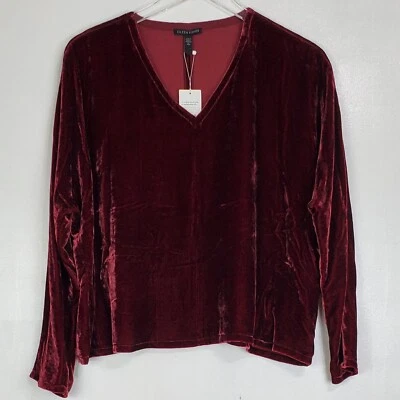 Eileen Fisher v 领天鹅绒多尔曼袖真丝混纺上衣勃艮第红色超大款 — 第 1/4 张图片
