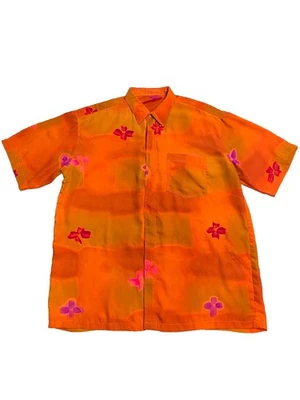 Camisa de Colección Teñida a Mano Naranja Floral Botón Gran Tamaño Boho Arte Hawaiano  Foto 1 de 2