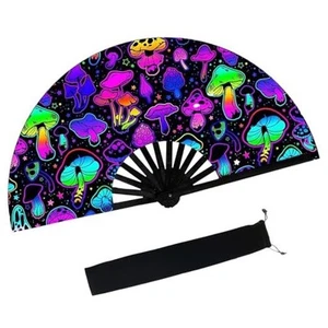 Large Folding Hand Rave Fan,Clack Handheld with Fan Bag,for Line Mushrooms - Picture 1 of 7