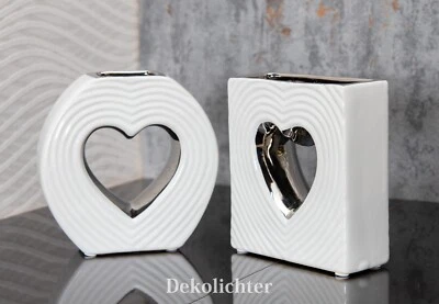 Deko Vase Keramik weiß silber Blumenvase Keramik modern Tischvase 14,5cm Herz - Bild 1 von 4