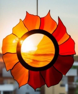 Handmade in QLD Australia TWILIGHT Amber Orange Stained Glass HANGING SUNCATCHER - Picture 1 of 24