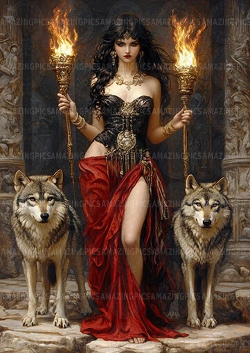 Impresión artística de la diosa Hécate brujería pagana lobos antorchas rojo negro fantasía x98 Foto 1 de 1