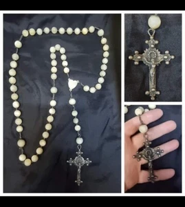 Antique Important Rosary Mother of pearl and silver 75 cm long beads diam 14 mm - Picture 1 of 1