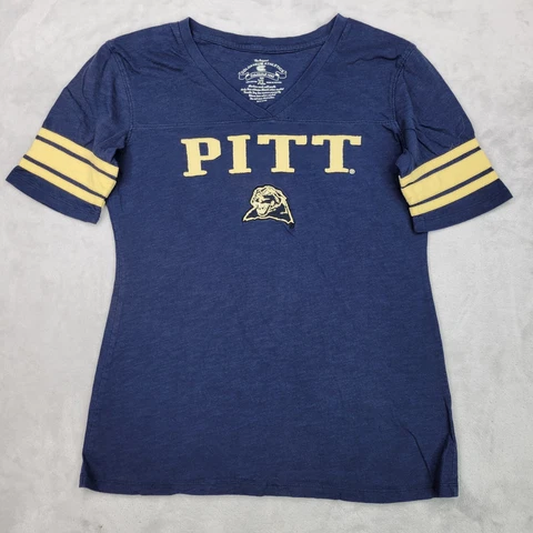 Pitt Panthers Shirt Women XL Blue Yellow Cotton V-Neck Short Sleeve Team Stripe Cover