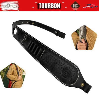 TOURBON Black Leather Rifle Sling Firearm Strap Ammo Sling 2 Point w/Finger Rest - Image 1 of 4