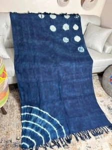 Authentic African Mudcloth Indigo Textile Boho Shibori Tie Dye Blanket Throw - Picture 1 of 10