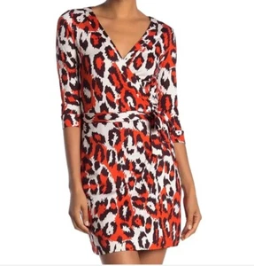 Neu mit Etikett Diane von Fürstenberg 3/4-Ärmel Julian Mini Halstuch Kleid Leopard würzig orange - Bild 1 von 10