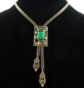 Collar Selro Vintage Imitación Perla Púrpura Estrás Verde Bolo Cadena Dorada - Imagen 1 de 8