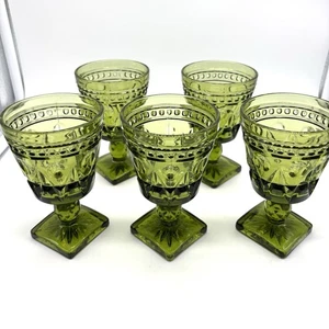 Vintage 5er Set Indiana Olivgrün Kelch Gläser Quadratischer Boden Starburst Boden 3oz - Bild 1 von 10